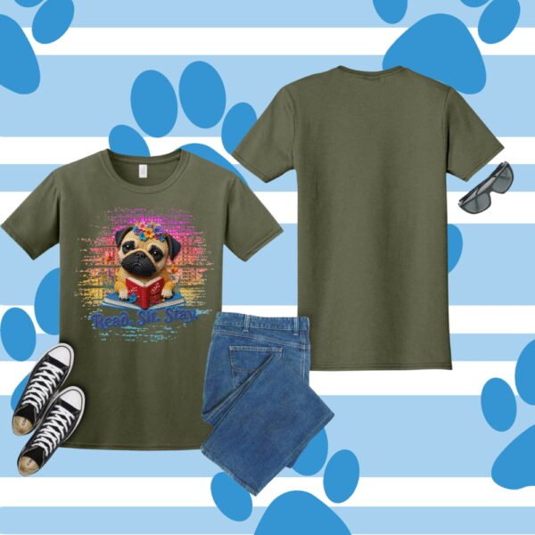 Pug Reading T-Shirt, Read. Sit. Stay Cute Book-Loving Dog Tee, Crochet Style Effect
