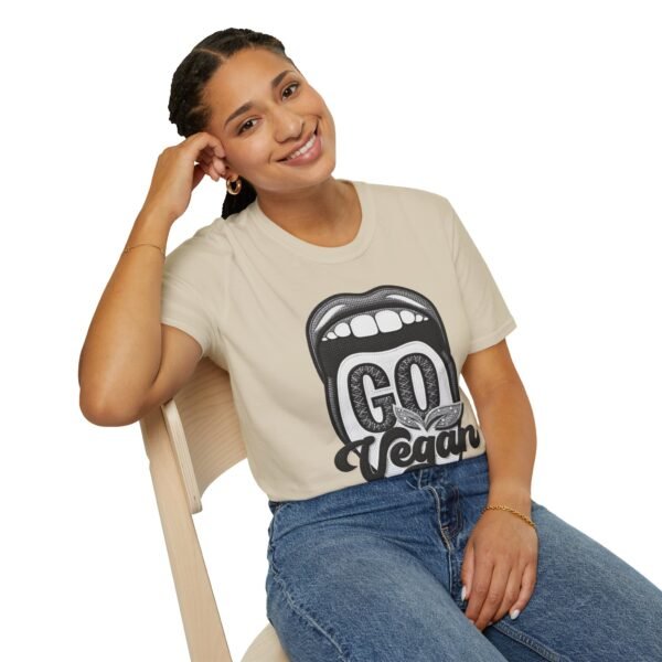 Unisex Retro T-Shirt Go Vegan, Featuring a Large Design, Eye-Catching Message, Embroidered Thread Effect.