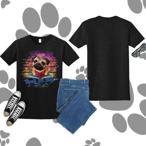 Pug Reading T-Shirt, Read. Sit. Stay Cute Book-Loving Dog Tee, Crochet Style Effect