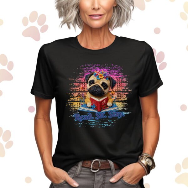 Pug Reading T-Shirt, Read. Sit. Stay Cute Book-Loving Dog Tee, Crochet Style Effect