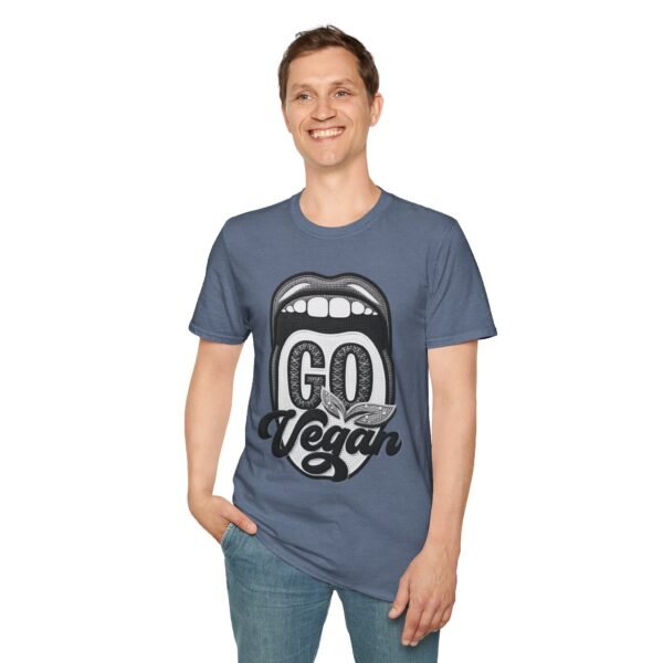 Unisex Retro T-Shirt Go Vegan, Featuring a Large Design, Eye-Catching Message, Embroidered Thread Effect.