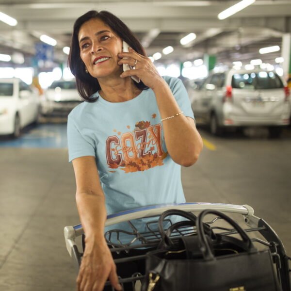 Cozy Season Women’s T-Shirt, Fall Leaves Autumn Graphic Tee, Effect Embroidery Style