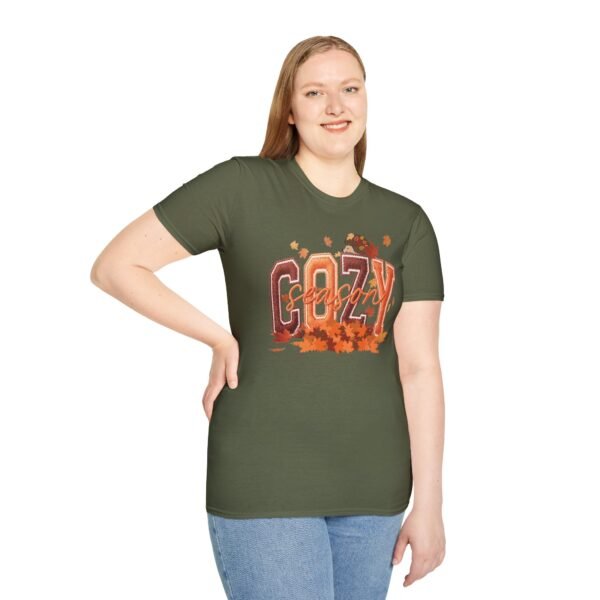 Cozy Season Women's T-Shirt,  Fall Leaves Autumn Graphic Tee, Embroidery Style Effect