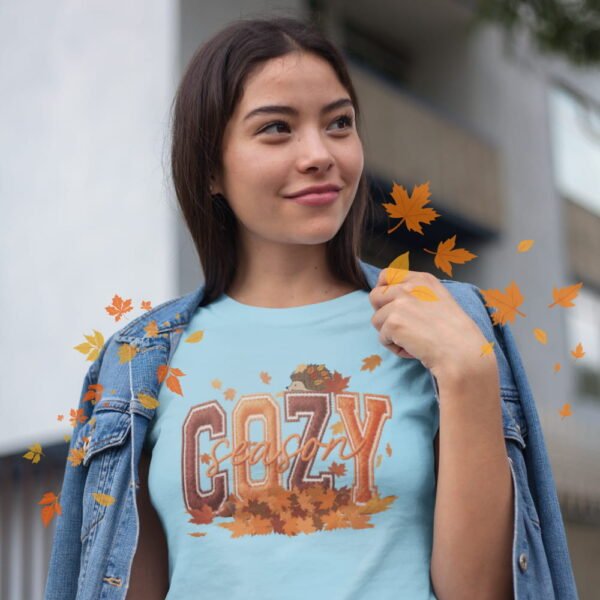 Cozy Season Women’s T-Shirt, Fall Leaves Autumn Graphic Tee, Effect Embroidery Style