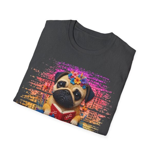 Pug Reading T-Shirt, Read. Sit. Stay Cute Book-Loving Dog Tee, Crochet Style Effect
