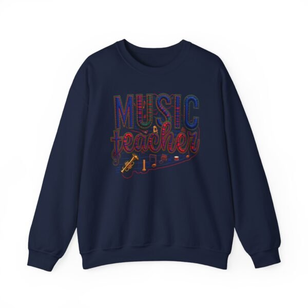 Music Teacher Crewneck Sweatshirt, Vintage Instrument & Musical Notes Design, Thread-style Effect