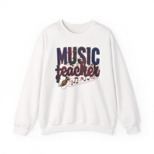 Music Teacher Crewneck Sweatshirt, Vintage Instrument & Musical Notes Design, Thread-style Effect