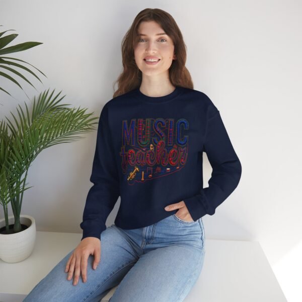 Music Teacher Crewneck Sweatshirt, Vintage Instrument & Musical Notes Design, Thread-style Effect