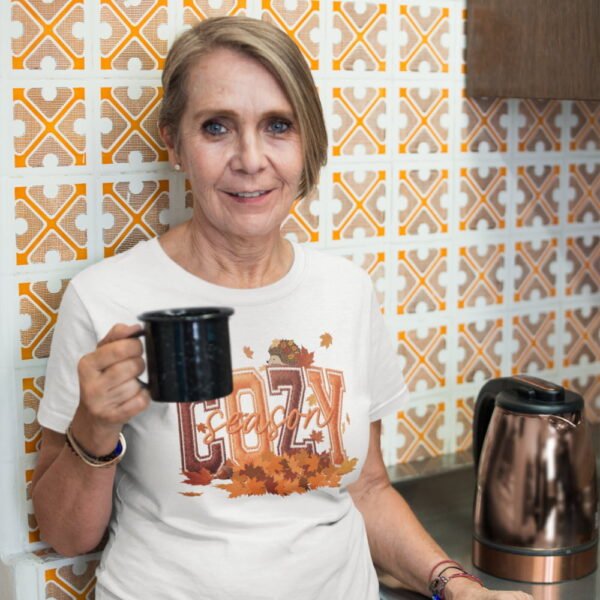 Cozy Season Women’s T-Shirt, Fall Leaves Autumn Graphic Tee, Effect Embroidery Style