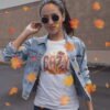Cozy Season Women’s T-Shirt, Fall Leaves Autumn Graphic Tee, Effect Embroidery Style