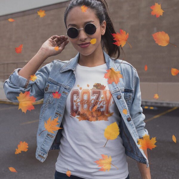 Cozy Season Women’s T-Shirt, Fall Leaves Autumn Graphic Tee, Effect Embroidery Style