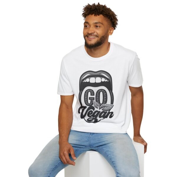 Unisex Retro T-Shirt Go Vegan, Featuring a Large Design, Eye-Catching Message, Embroidered Thread Effect.