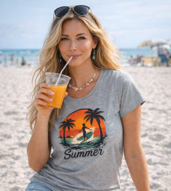 Retro Palm Tree Sunset Women’s Tee, Summer Surf & Beach Graphic T-Shirt Retro Palm Tree Sunset Women’s Tee, Summer Surf & Beach Graphic T-Shirt